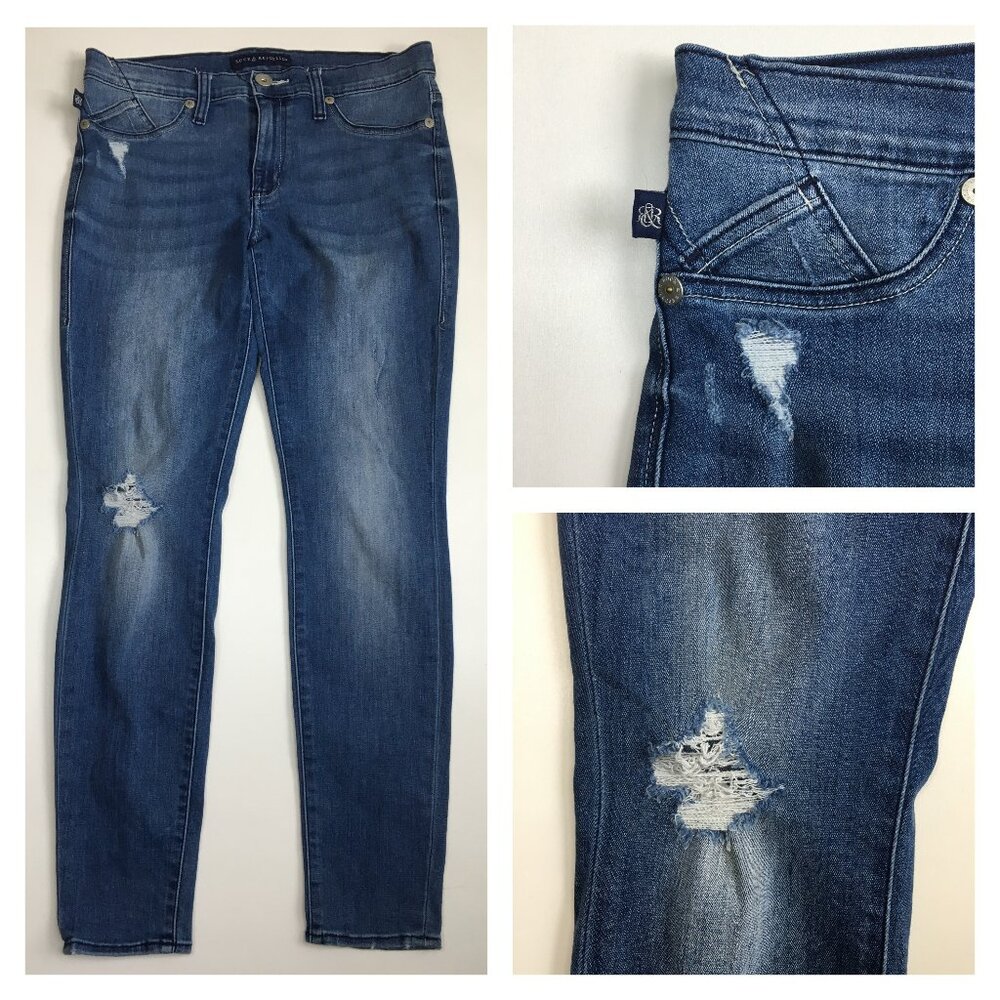 ROCK & REPUBLIC Kashmiere Med Wash Distressed Faux Pockets Logo Hardware Jeans